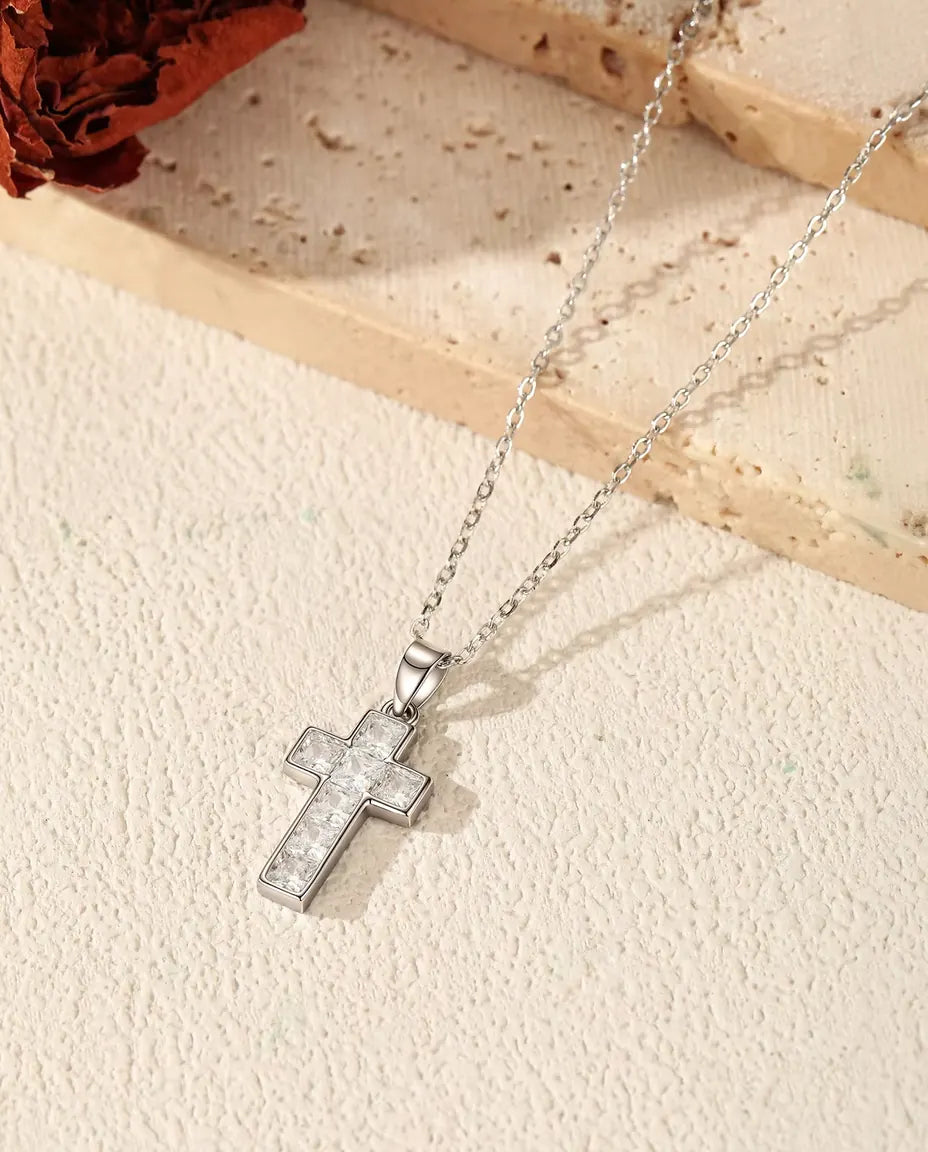 Collana con Croce Pavé - ciondolo 10 x 17 mm ad appiccagnolo fisso, catenina fine 40+5 cm in argento 925