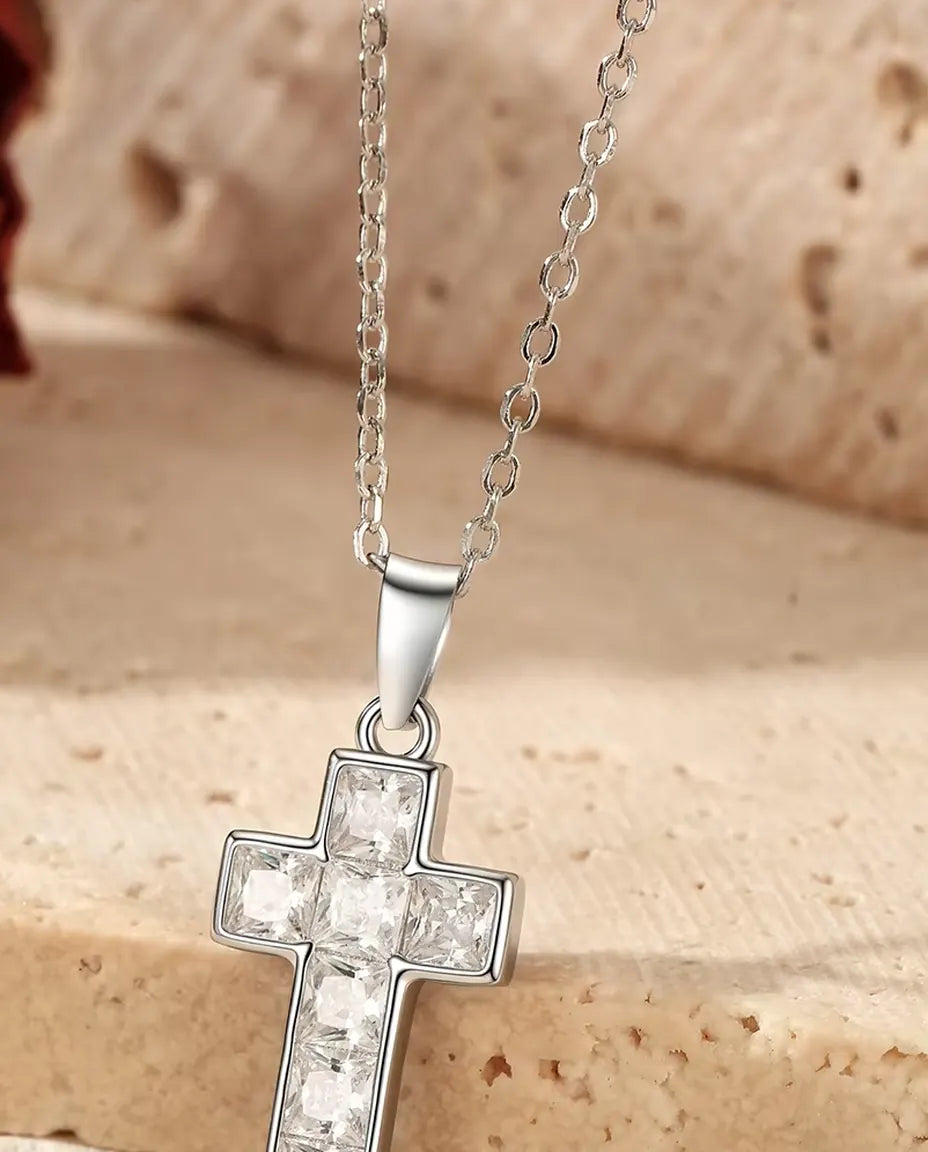 Collana con Croce Pavé - ciondolo 10 x 17 mm ad appiccagnolo fisso, catenina fine 40+5 cm in argento 925
