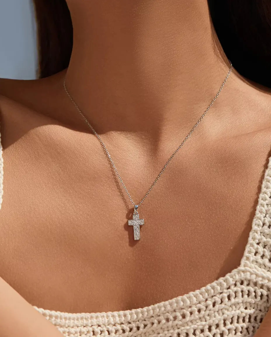 Collana con Croce Pavé - ciondolo 10 x 17 mm ad appiccagnolo fisso, catenina fine 40+5 cm in argento 925