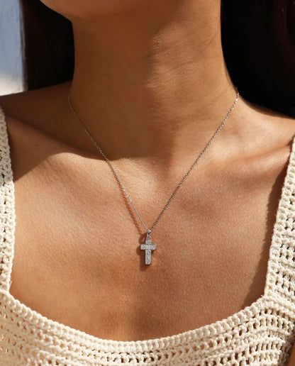 Collana con Croce Pavé - ciondolo 10 x 17 mm ad appiccagnolo fisso, catenina fine 40+5 cm in argento 925