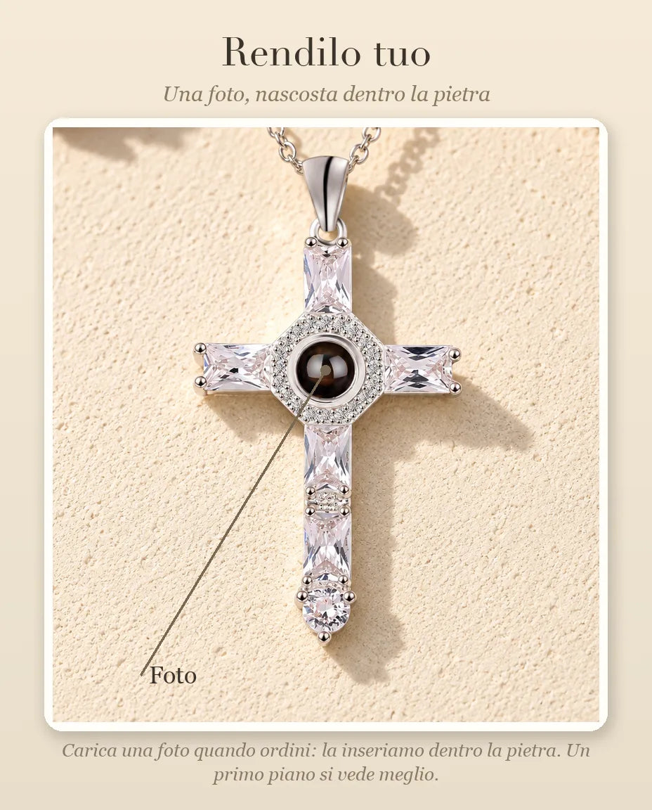 Guida alla personalizzazione: dove va la tua foto dentro la pietra della collana con croce di zirconi