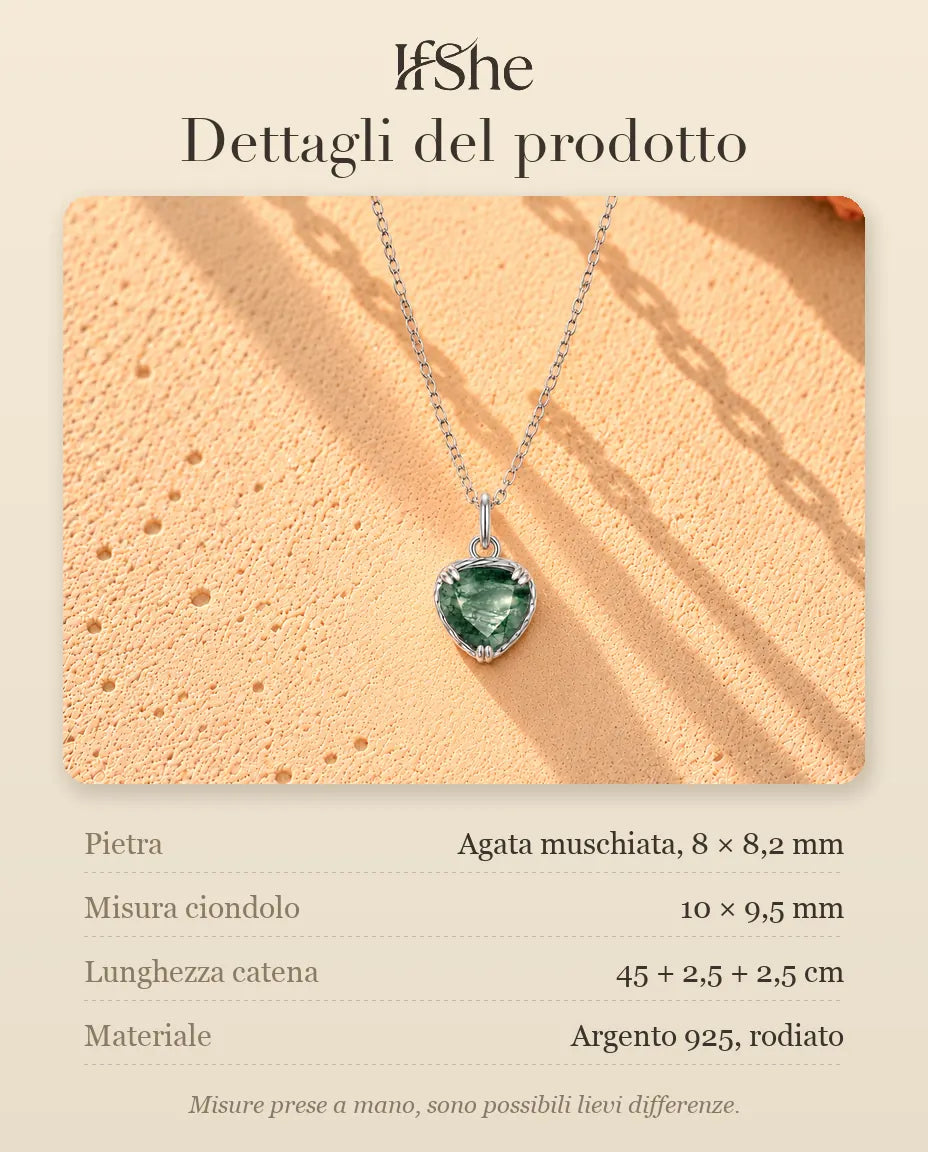 Collana con Ciondolo Cuore in Agata Muschiata e Argento 925 - dettagli del prodotto: pietre, misura del ciondolo, lunghezza della catena e materiale