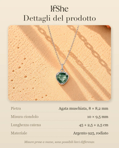 Collana con Ciondolo Cuore in Agata Muschiata e Argento 925 - dettagli del prodotto: pietre, misura del ciondolo, lunghezza della catena e materiale