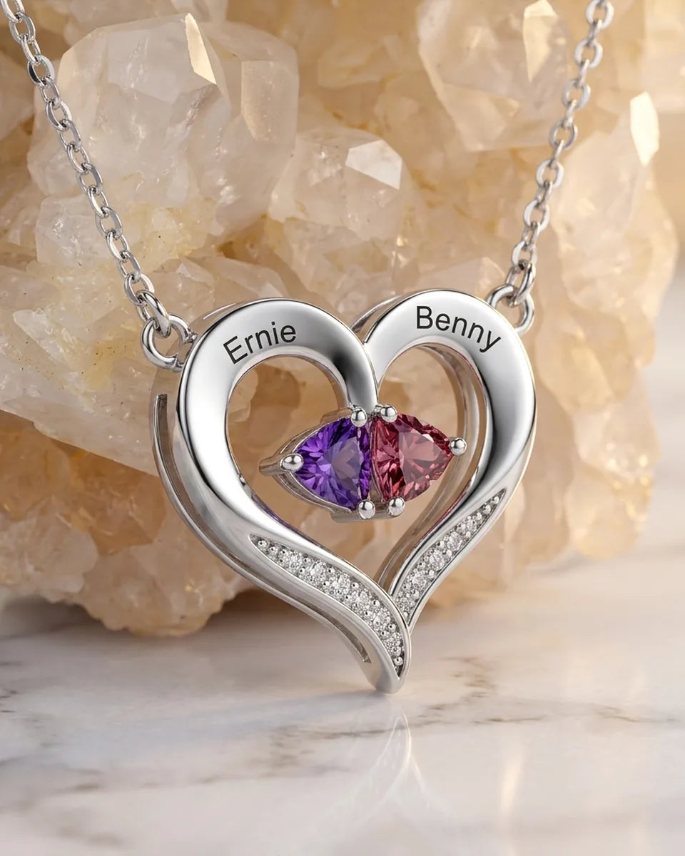 Collana in Argento 925 con Cuore Aperto – Due Nomi Incisi e Due Pietre di Nascita a Forma di Cuore