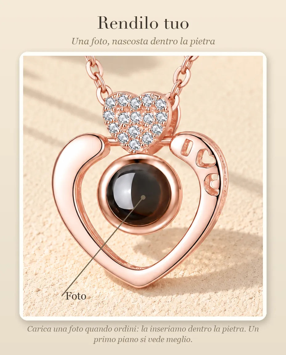 Guida alla personalizzazione: dove va la tua foto dentro la pietra della collana a cuore aperto