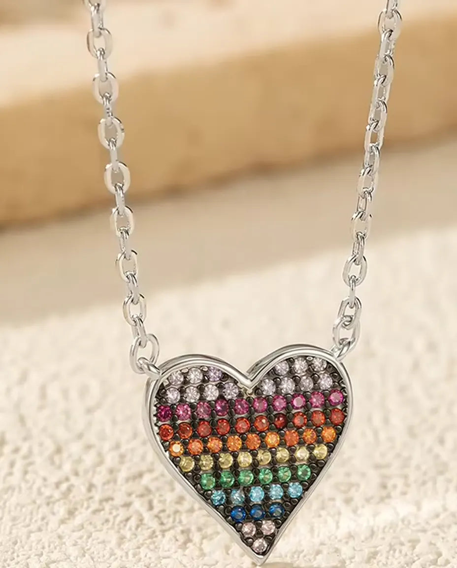 Collana Cuore Arcobaleno - ciondolo pavé in degradé di zirconi, catena 40+5 cm, argento 925
