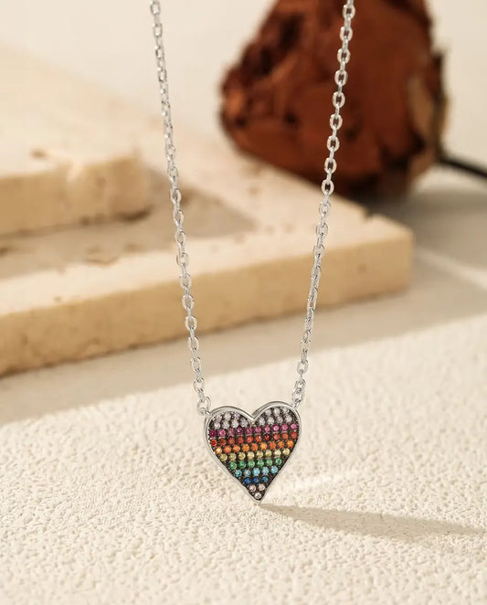 Collana Cuore Arcobaleno - ciondolo pavé in degradé di zirconi, catena 40+5 cm, argento 925