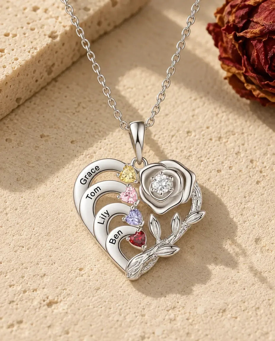 Collana Personalizzata Cuore con Rosa - vista frontale in argento