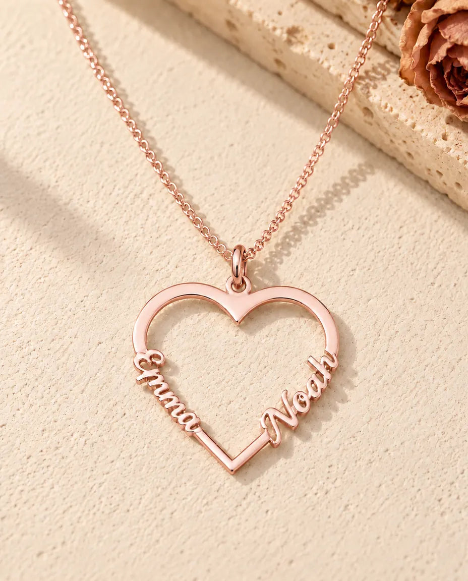 Collana Cuore con Due Nomi in Argento 925 - finitura oro rosa
