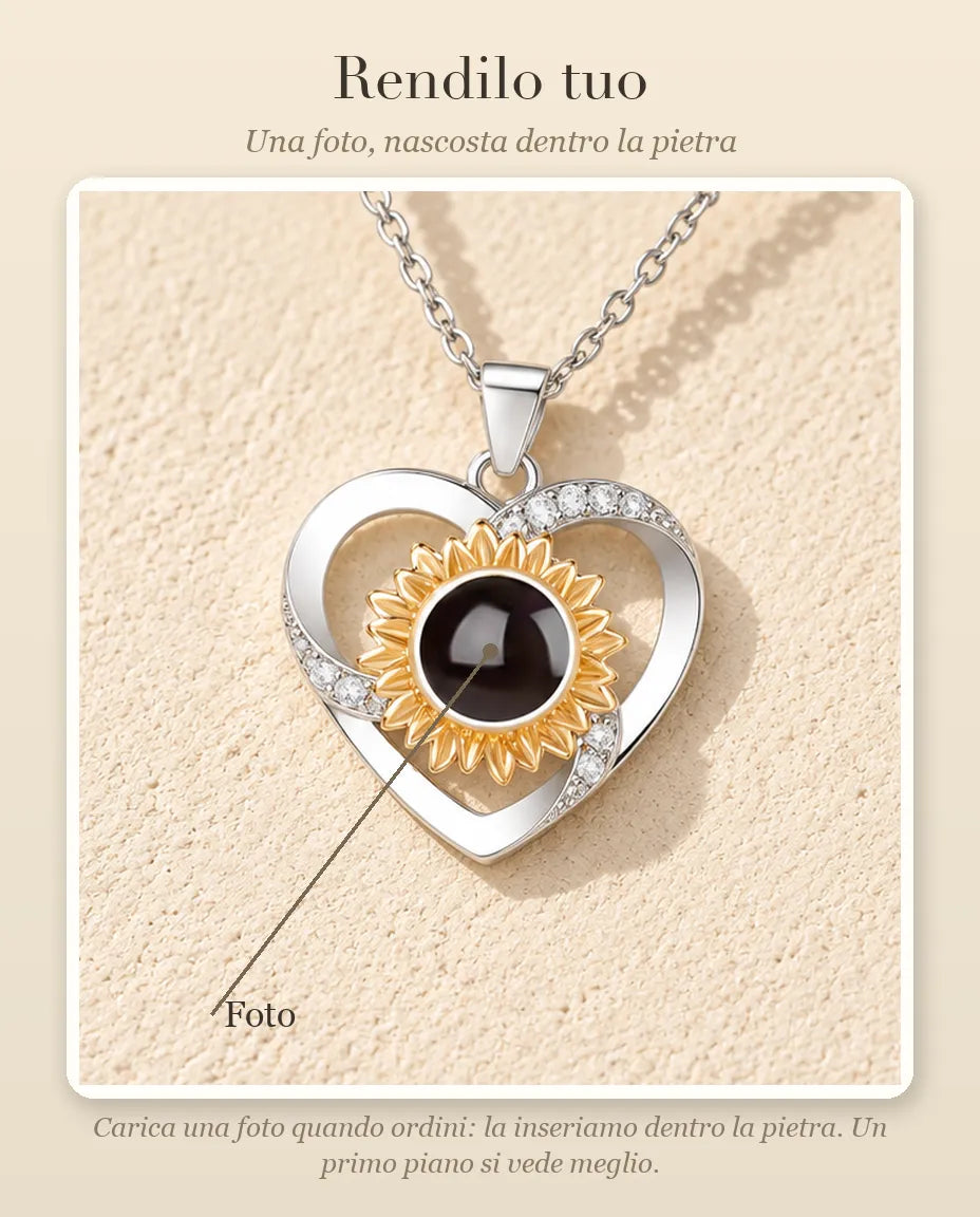 Guida alla personalizzazione: dove va la tua foto dentro la pietra della collana con cuore e girasole