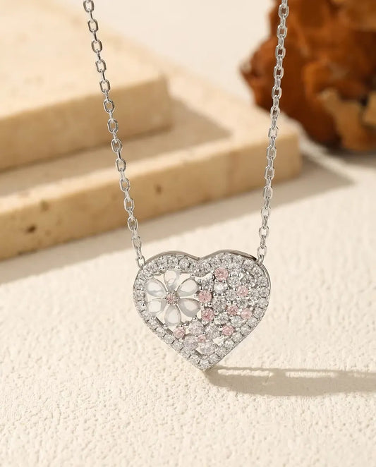 Collana cuore con fiore di madreperla - zirconi rosa e bianchi su pendente 16 x 18 mm, argento 925, 40 più 5 cm