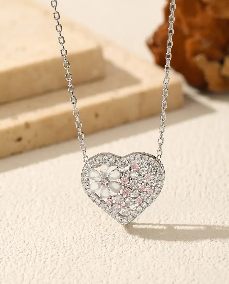 Collana cuore con fiore di madreperla - zirconi rosa e bianchi su pendente 16 x 18 mm, argento 925, 40 più 5 cm
