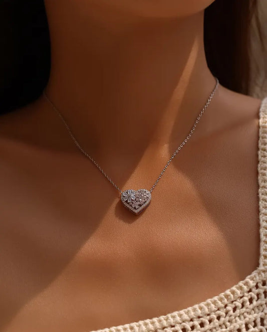 Collana cuore con fiore di madreperla - zirconi rosa e bianchi su pendente 16 x 18 mm, argento 925, 40 più 5 cm
