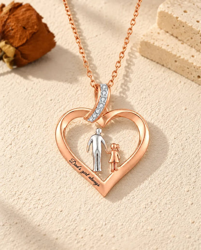 Vista frontale della collana a cuore incisa con un papà argentato e una bambina color oro rosa mano nella mano