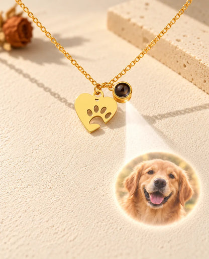 La luce che attraversa la piccola pietra marrone della collana dorata con zampa proietta la foto di un golden retriever