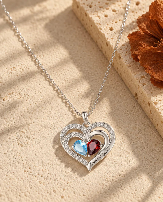 Collana Personalizzata con 2 Pietre e 2 Nomi - ciondolo doppio cuore con due pietre taglio goccia, rodiata