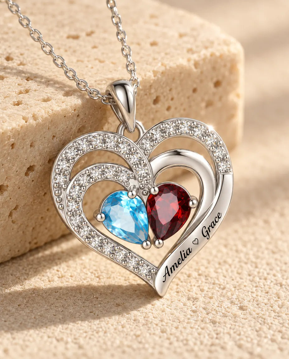 Collana Personalizzata con 2 Pietre e 2 Nomi - ciondolo doppio cuore con due pietre taglio goccia, rodiata