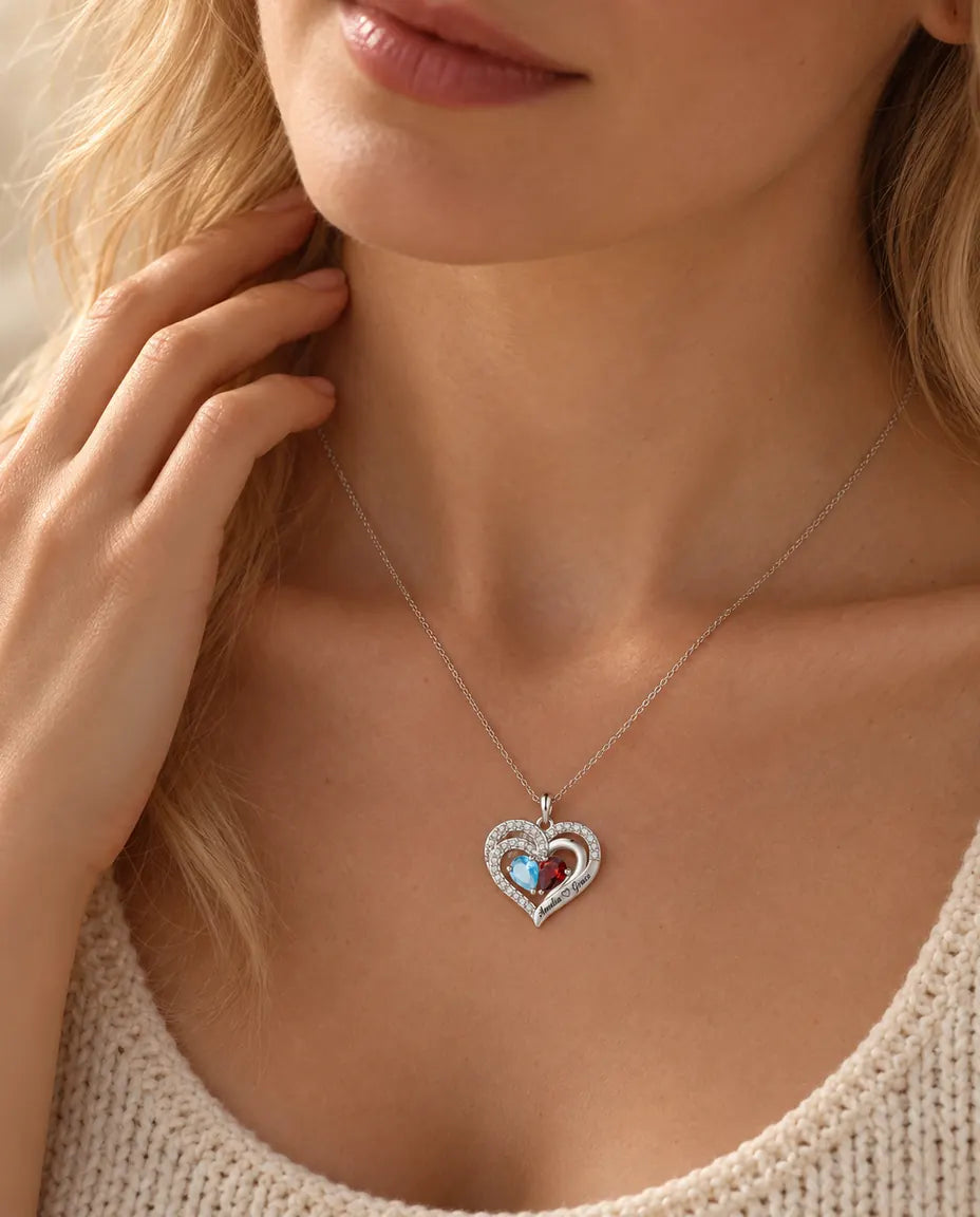 Collana Personalizzata con 2 Pietre e 2 Nomi - ciondolo doppio cuore con due pietre taglio goccia, rodiata