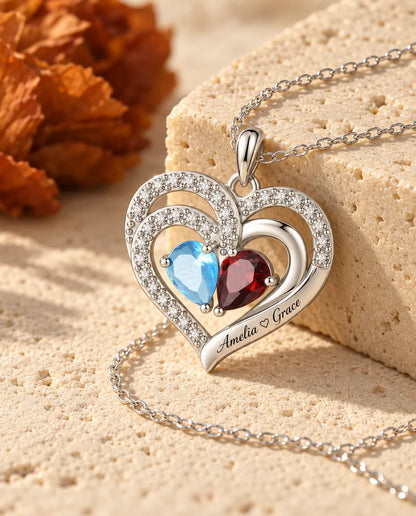 Collana Personalizzata con 2 Pietre e 2 Nomi - ciondolo doppio cuore con due pietre taglio goccia, rodiata