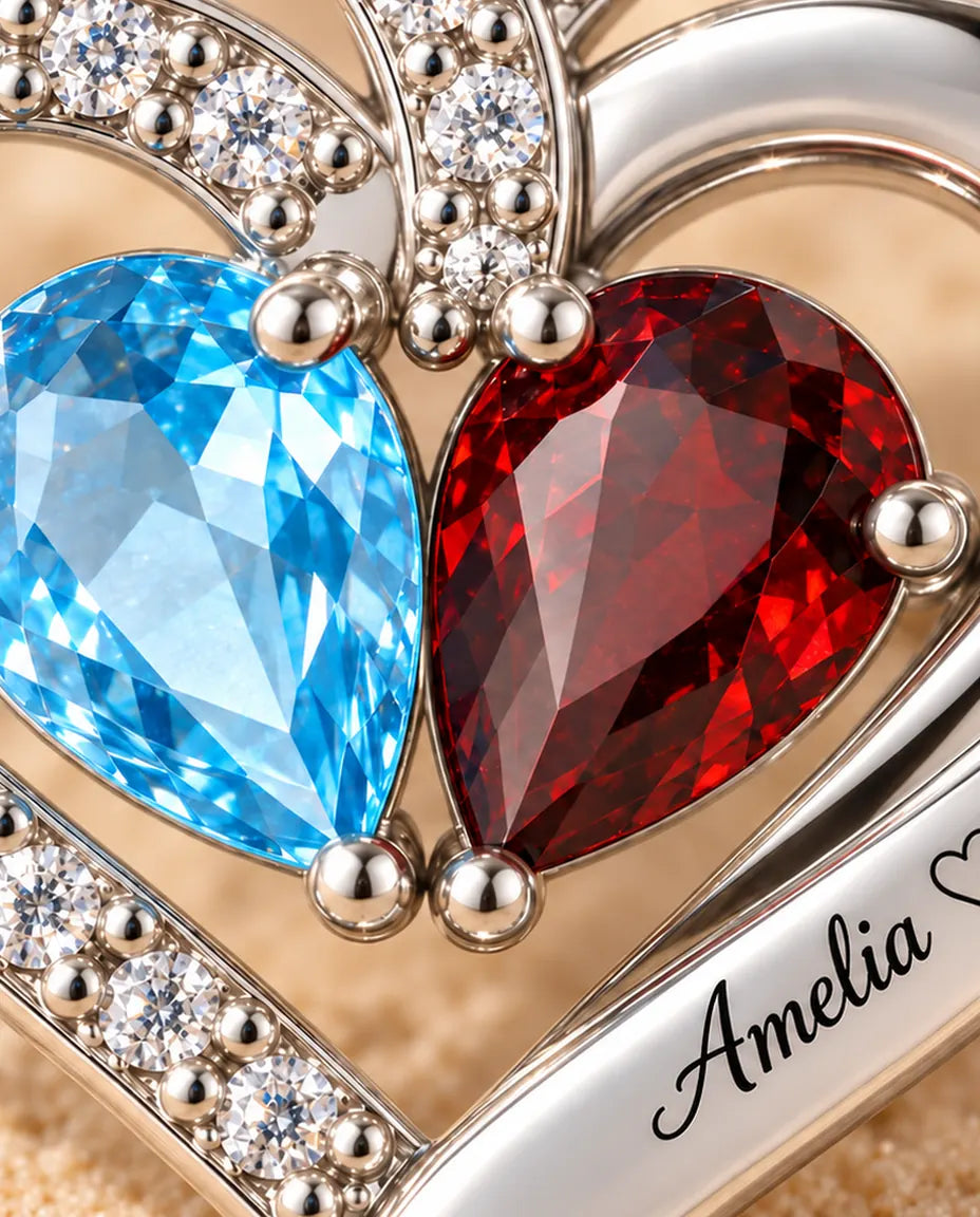 Collana Personalizzata con 2 Pietre e 2 Nomi - ciondolo doppio cuore con due pietre taglio goccia, rodiata