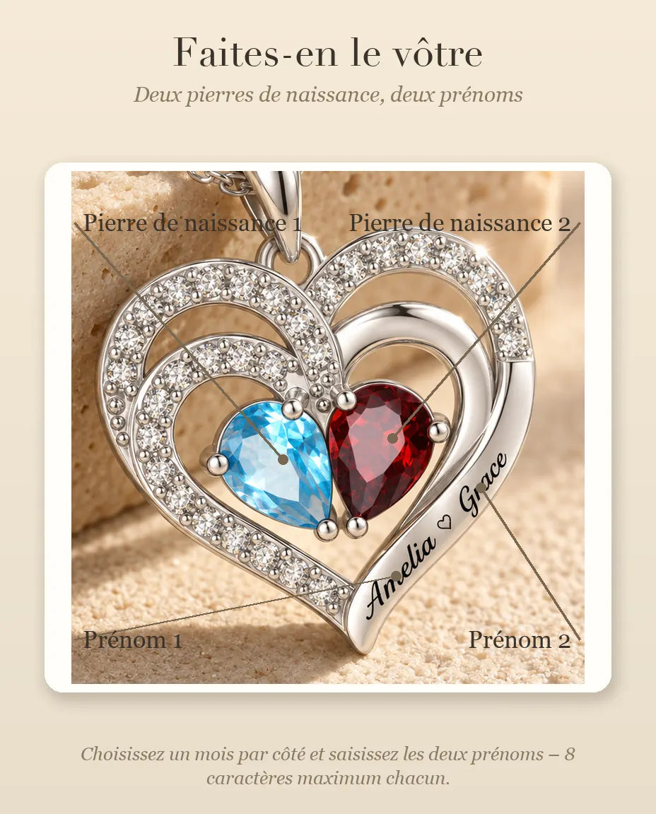 Collana Personalizzata con 2 Pietre e 2 Nomi - ciondolo doppio cuore con due pietre taglio goccia, rodiata