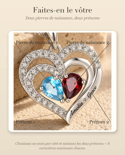 Collana Personalizzata con 2 Pietre e 2 Nomi - ciondolo doppio cuore con due pietre taglio goccia, rodiata