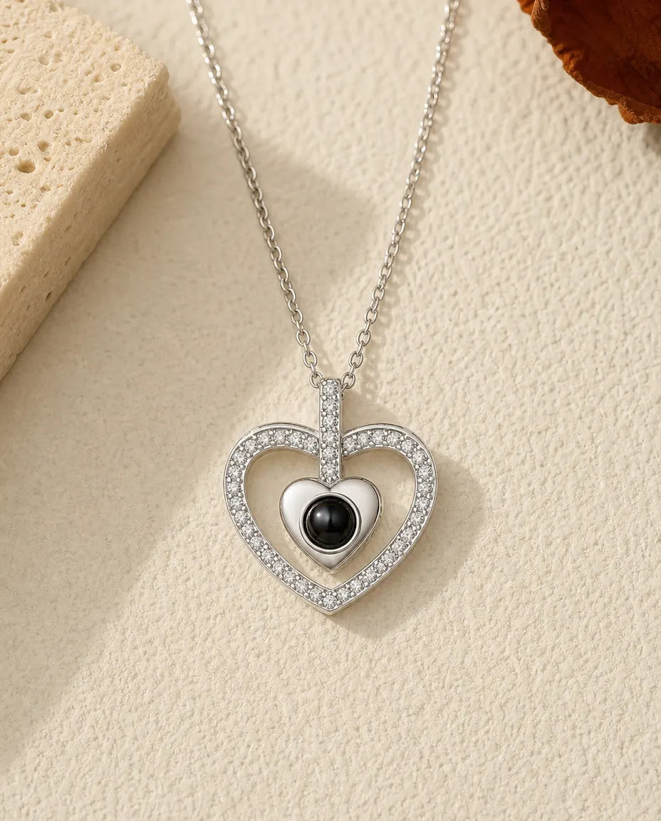 Collana Doppio Cuore con Foto Dentro, Cuore a Pavé di Zirconi con la Tua Foto nella Perla