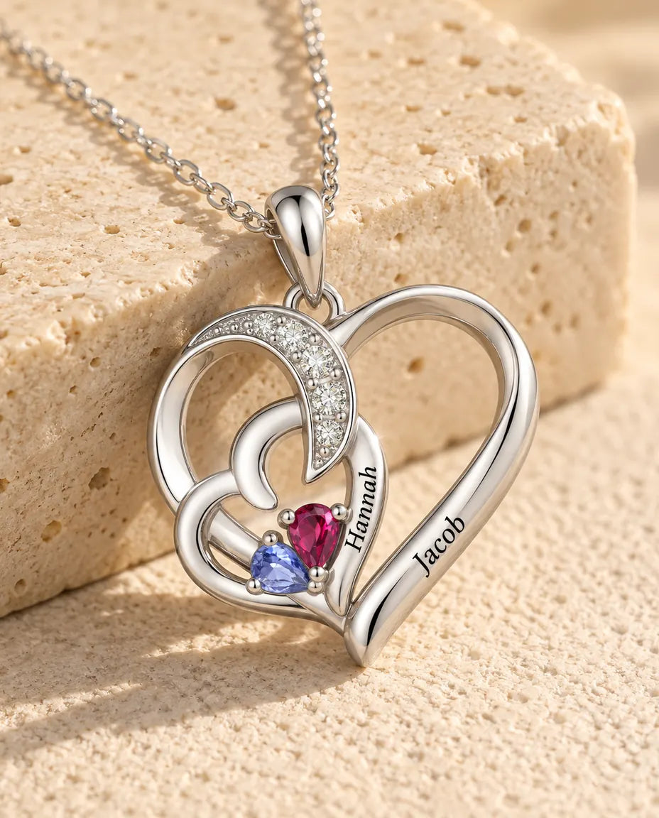 Collana Personalizzata con 2 Pietre e 2 Nomi - due cuori intrecciati con pietre taglio goccia, rodiata