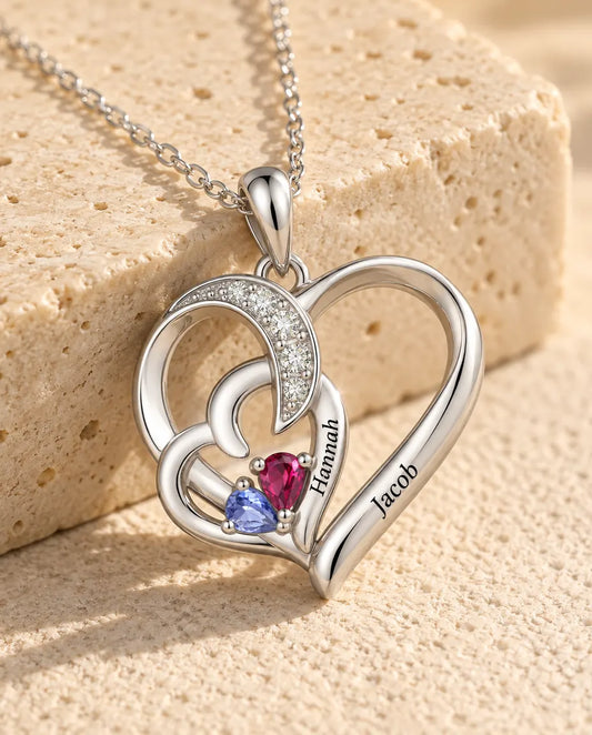 Collana Personalizzata con 2 Pietre e 2 Nomi - due cuori intrecciati con pietre taglio goccia, rodiata