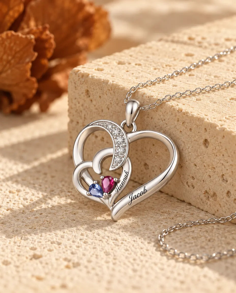Collana Personalizzata con 2 Pietre e 2 Nomi - due cuori intrecciati con pietre taglio goccia, rodiata