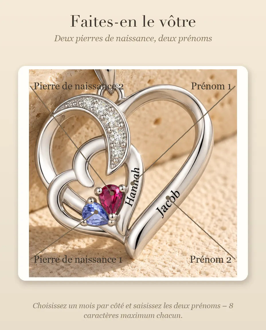 Collana Personalizzata con 2 Pietre e 2 Nomi - due cuori intrecciati con pietre taglio goccia, rodiata