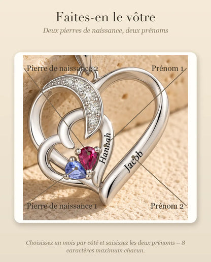 Collana Personalizzata con 2 Pietre e 2 Nomi - due cuori intrecciati con pietre taglio goccia, rodiata