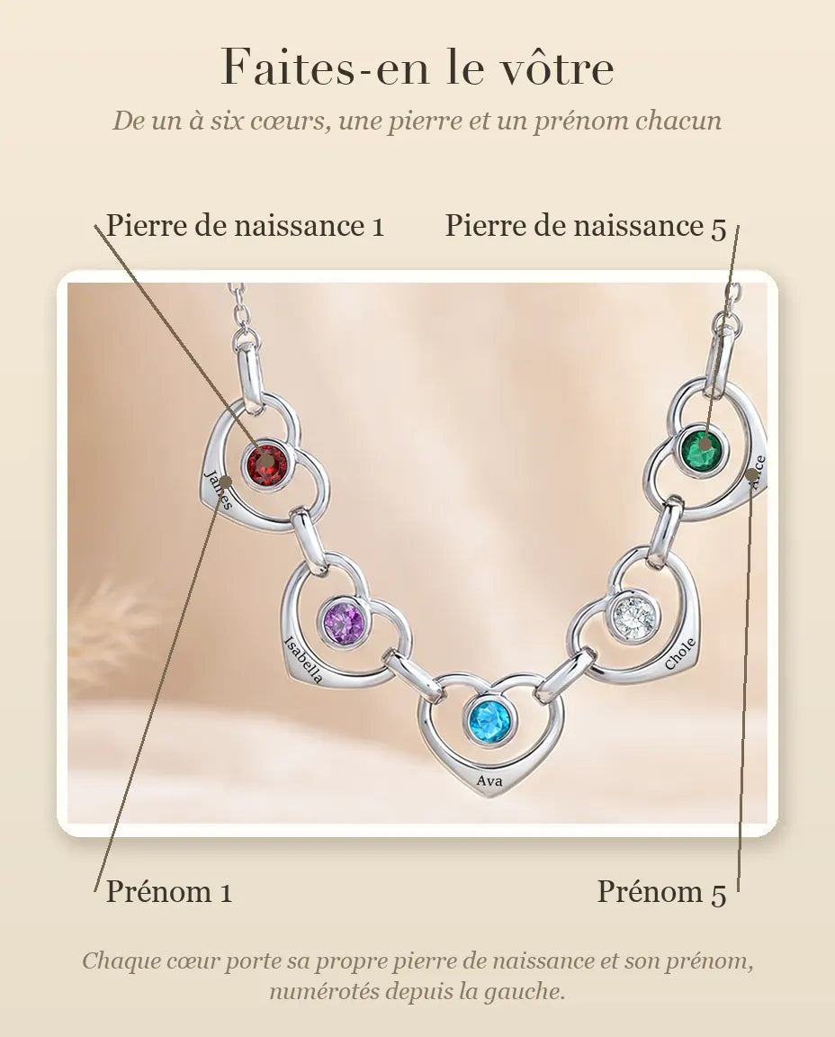 Collana Famiglia Personalizzata da 1 a 6 Nomi - cuori collegati con pietre portafortuna, rodiata