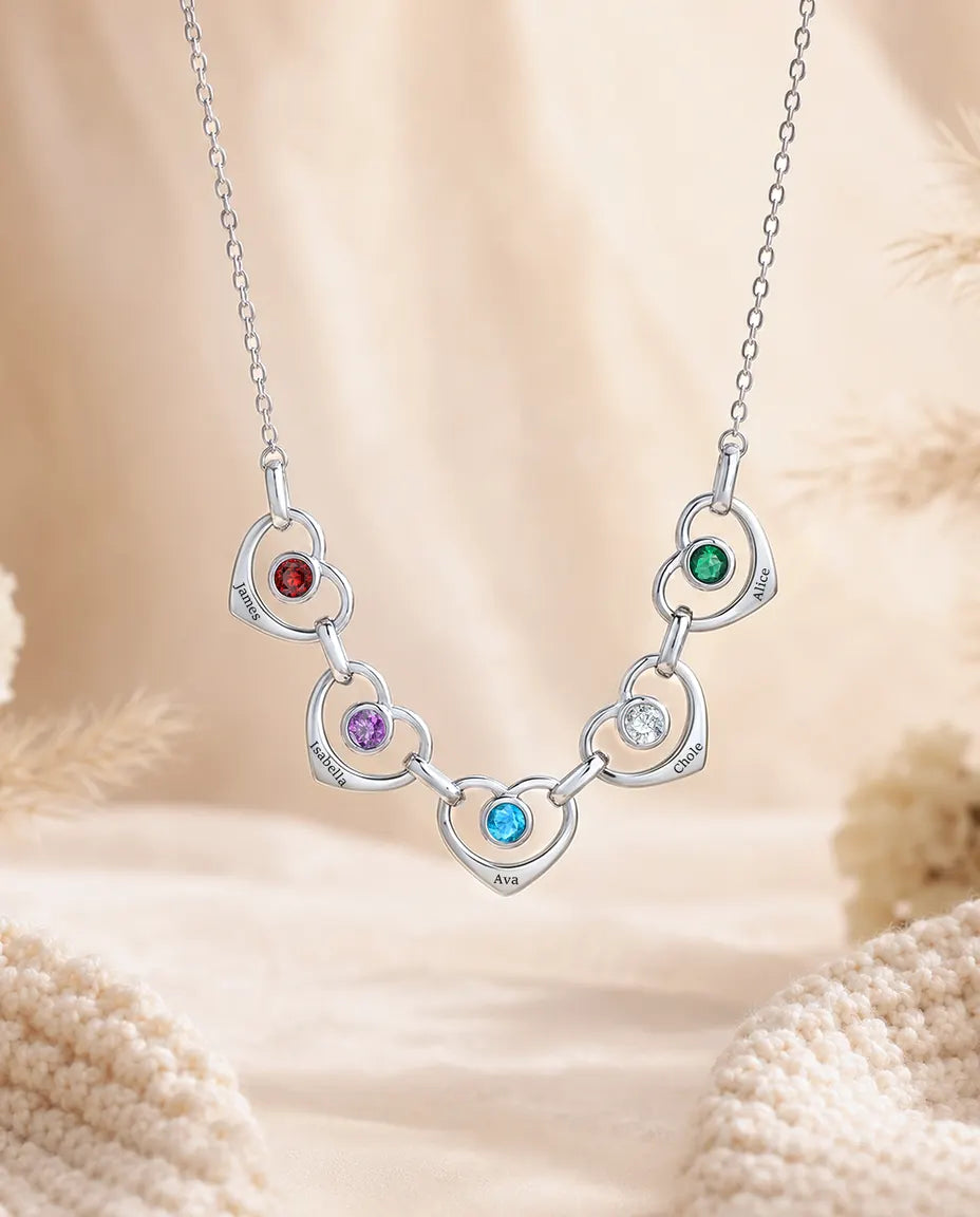 Collana Famiglia Personalizzata da 1 a 6 Nomi - cuori collegati con pietre portafortuna, rodiata