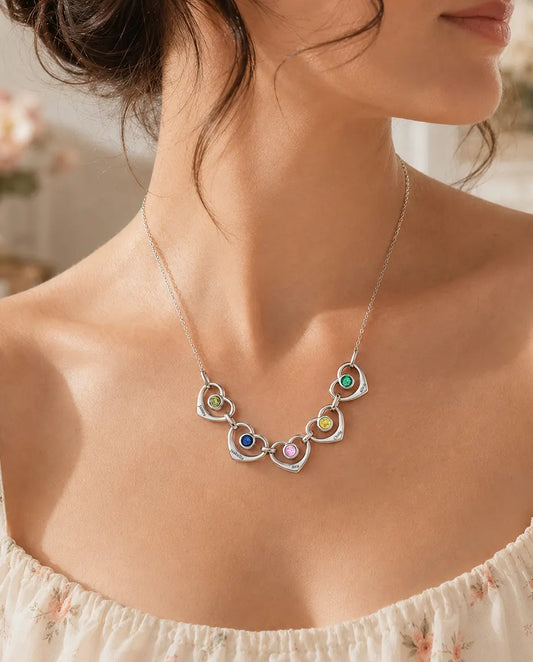 Collana Famiglia Personalizzata da 1 a 6 Nomi - cuori collegati con pietre portafortuna, rodiata