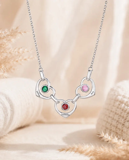 Collana Famiglia Personalizzata da 1 a 6 Nomi - cuori collegati con pietre portafortuna, rodiata