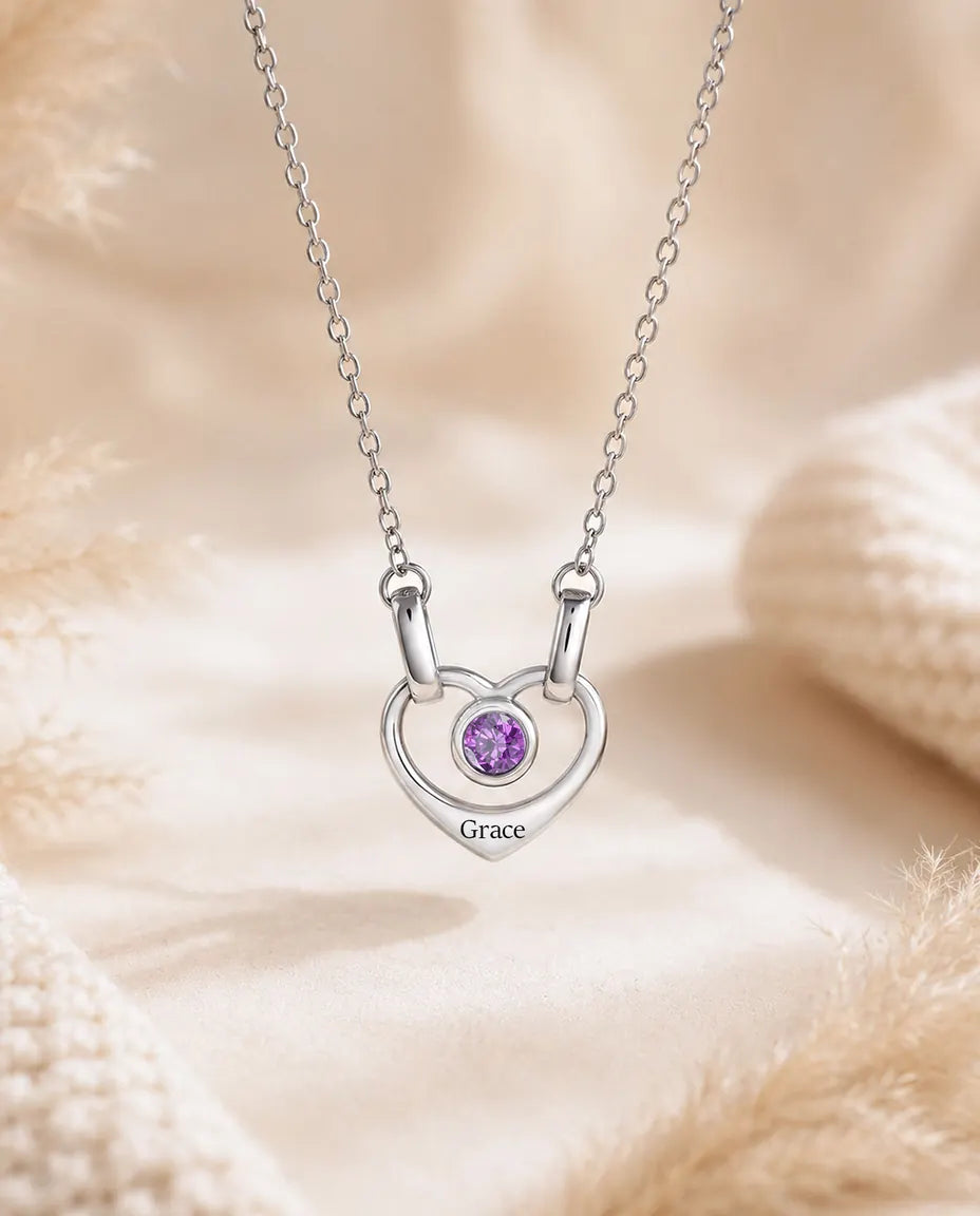 Collana Famiglia Personalizzata da 1 a 6 Nomi - cuori collegati con pietre portafortuna, rodiata
