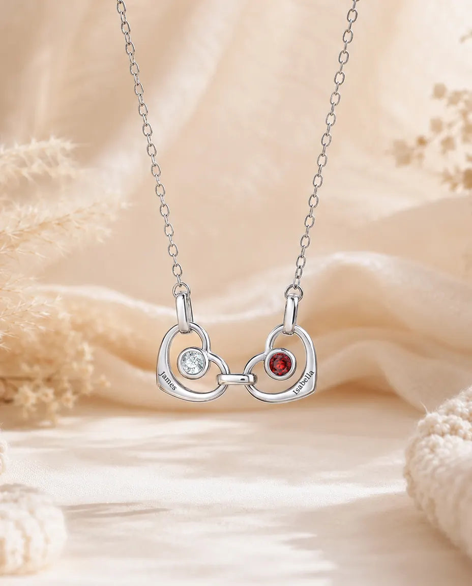 Collana Famiglia Personalizzata da 1 a 6 Nomi - cuori collegati con pietre portafortuna, rodiata