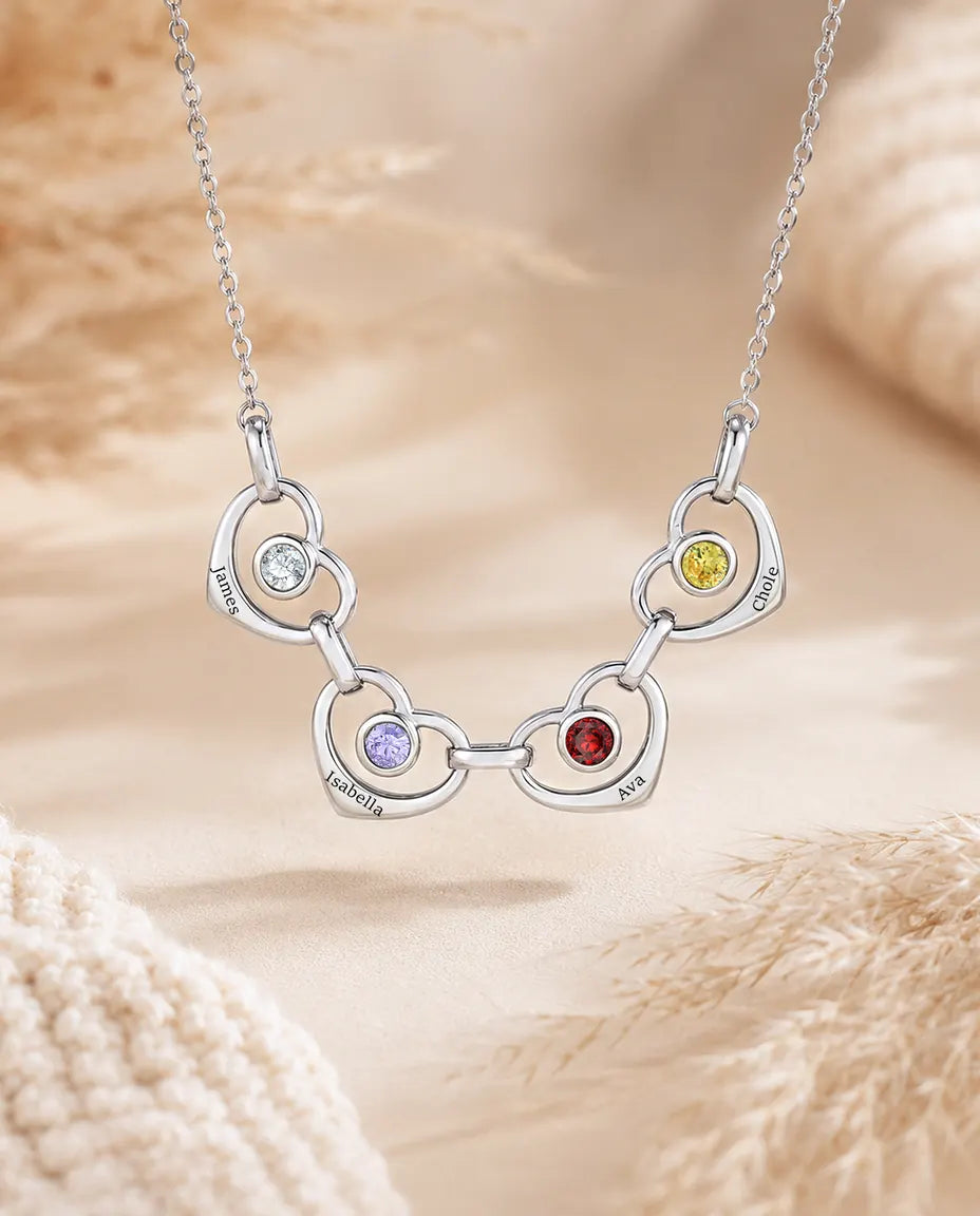 Collana Famiglia Personalizzata da 1 a 6 Nomi - cuori collegati con pietre portafortuna, rodiata