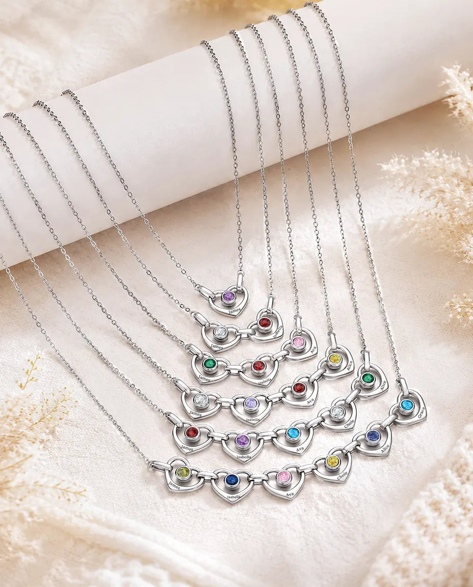 Collana Famiglia Personalizzata da 1 a 6 Nomi - cuori collegati con pietre portafortuna, rodiata