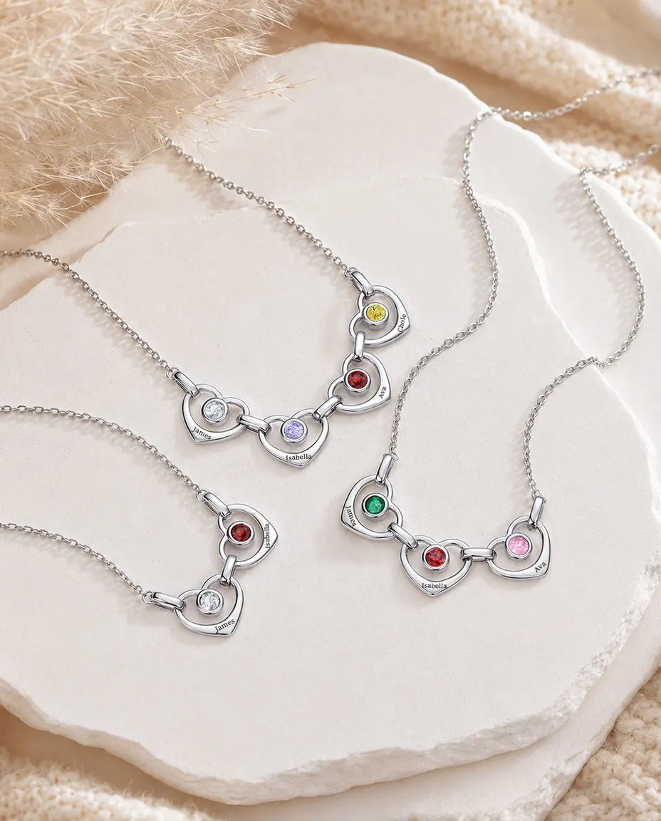 Collana Famiglia Personalizzata da 1 a 6 Nomi - cuori collegati con pietre portafortuna, rodiata