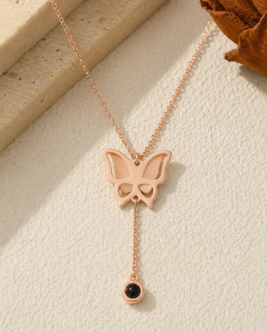 Collana Farfalla con Foto Dentro, Collana a Y con Proiezione della Tua Foto, Argento Oro Rosa o Oro