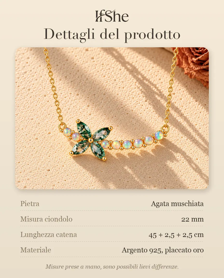 Collana Fiore Agata Muschiata in Argento 925 Placcato Oro - dettagli del prodotto: pietre, misura del ciondolo, lunghezza della catena e materiale