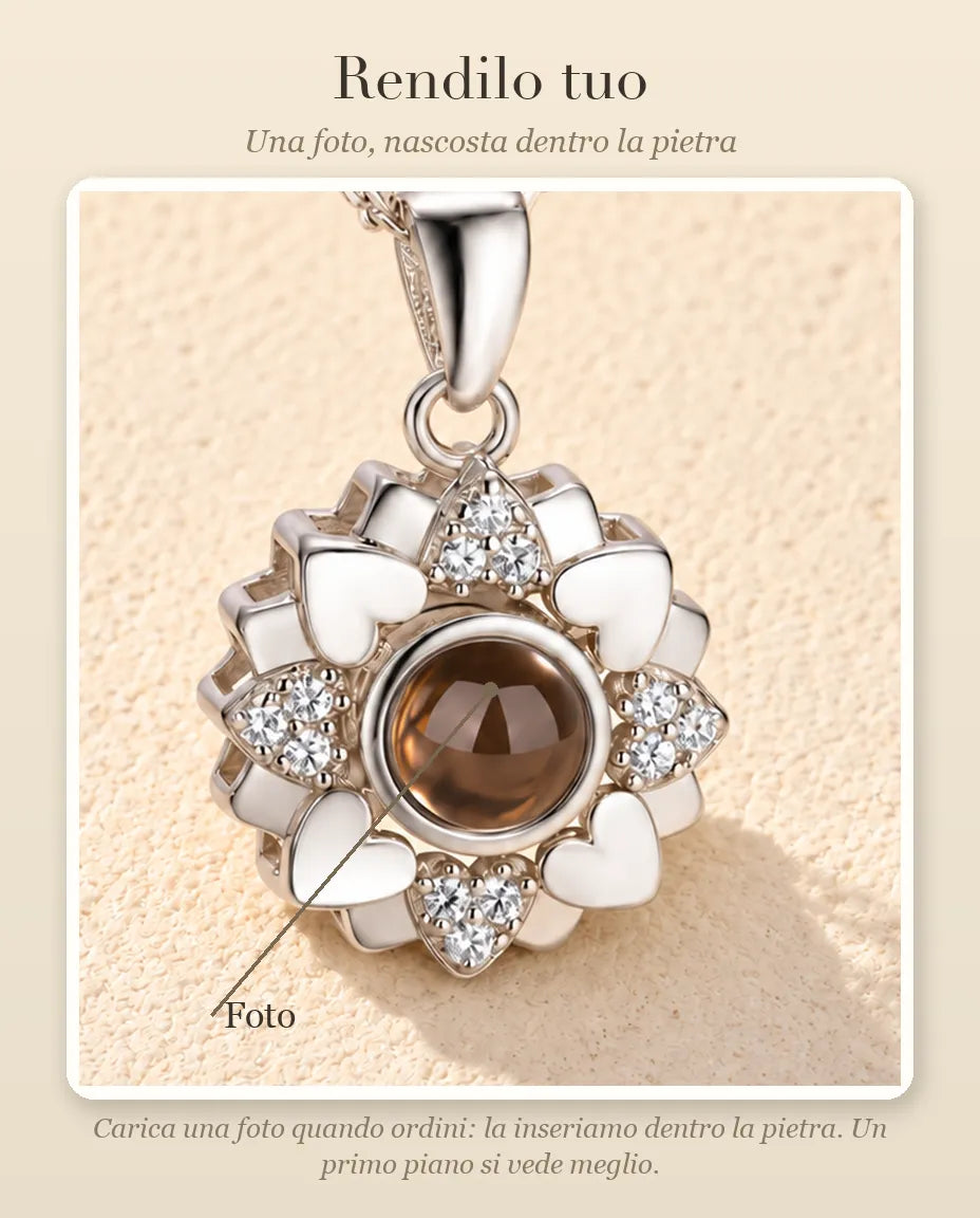 Guida alla personalizzazione: dove va la tua foto dentro la pietra della collana a fiore di cuori