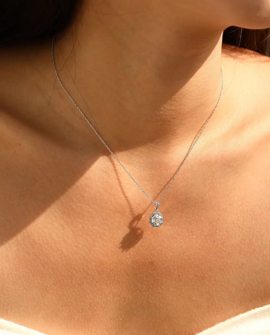 Collana Halo Ottagonale - zircone a taglio gradini circondato di pavé, catena 40+5 cm, argento 925
