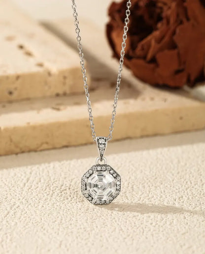 Collana Halo Ottagonale - zircone a taglio gradini circondato di pavé, catena 40+5 cm, argento 925