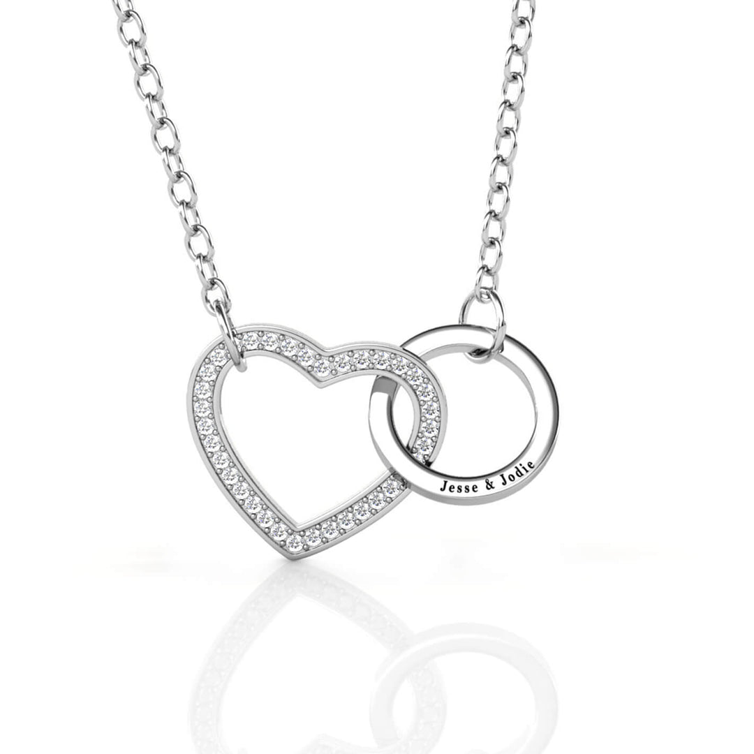 Collana Incisa con Cuore e Cerchio Intrecciati in Argento 925 – Cristallo, Regalo per Lei
