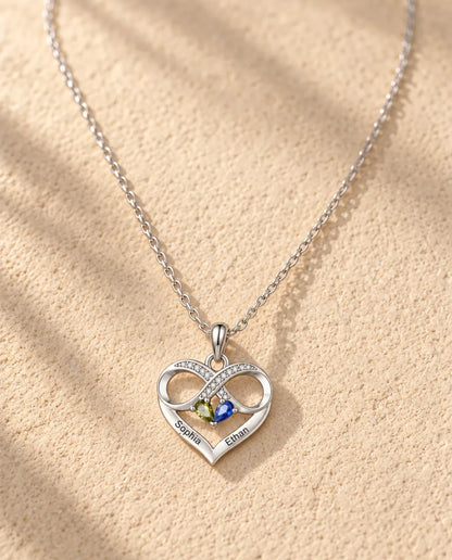 Collana Personalizzata con 2 Pietre e 2 Nomi - cuore infinito con due pietre taglio goccia, rodiata