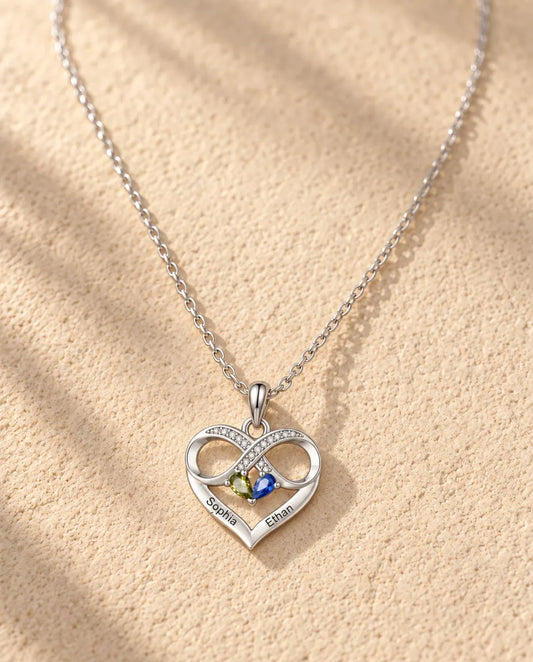 Collana Personalizzata con 2 Pietre e 2 Nomi - cuore infinito con due pietre taglio goccia, rodiata