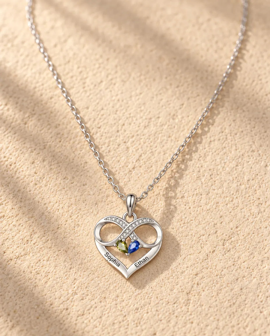 Collana Personalizzata con 2 Pietre e 2 Nomi - cuore infinito con due pietre taglio goccia, rodiata